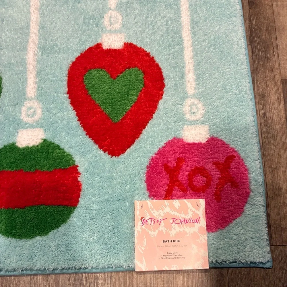 Betsey Johnson Festive Bath Mat - Pink, Green, Red Christmas Ornaments 20x30